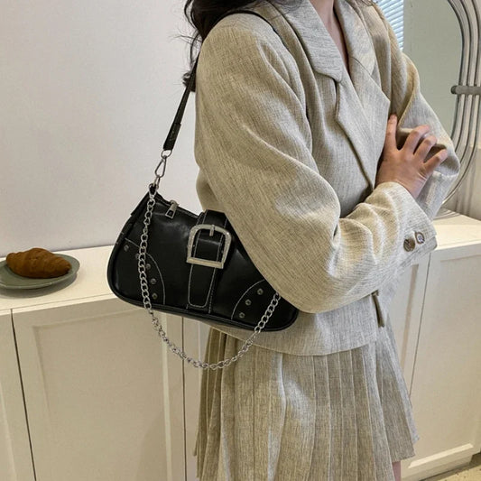 Vintage Rivet Women's Shoulder Bags Solid Color Ladies Underarm Bag Fashion Chain Small Handbags PU Leather Female Tote Purse