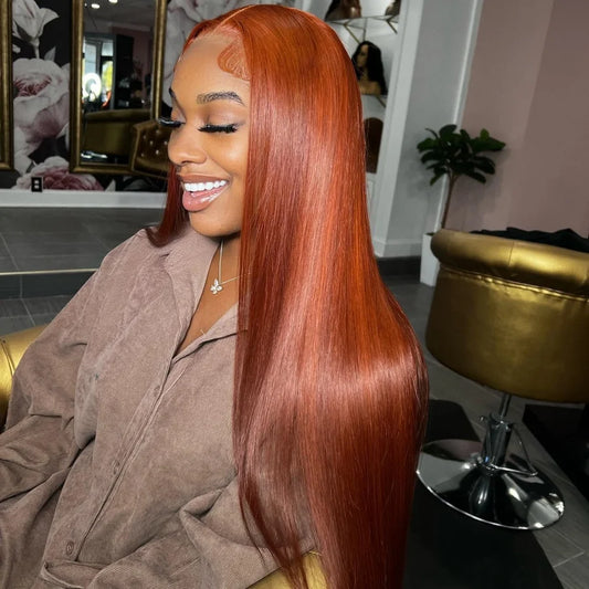 34 Inch 200% Ginger Orange Color 13X4 HD Transparent Lace Frontal Wigs Bone Straight Brazilian Pre Plucked With Baby Hair