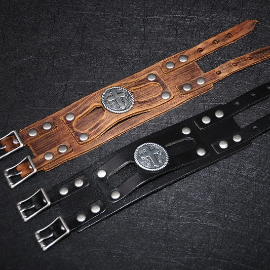 Kirykle Fashion Cross Stud Spikes Rivet Bracelet for Man Adjustable Leather Wristband Bangle Cuff Wide Cuff Punk Jewelry Gift