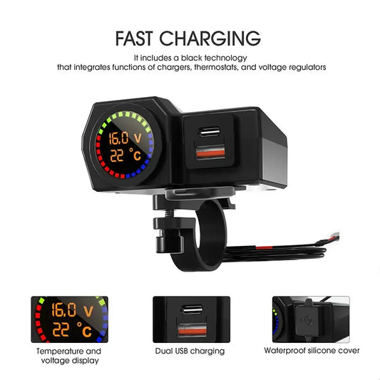 Motorcycle Fast Charger USB Type C Port Socket Connector with Temperature and Voltage Display Power Supply Adapter for Phone GPS