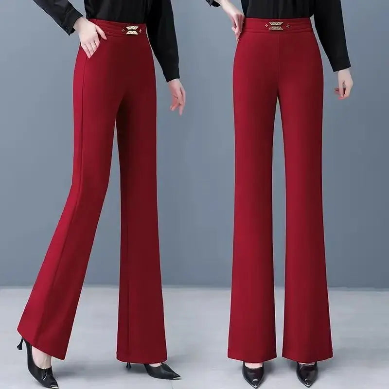 Women's Red High Waist Flare Pants With Metal le Detail Casual Long Trousers
