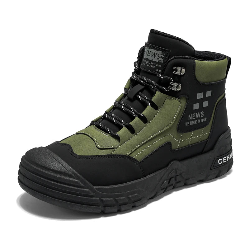 Original Black Leather Ankle Boots For Men Outdoor Non-slip Work Boots Men's Motorcycle Boots Platform High Top Bikers Shoes Man