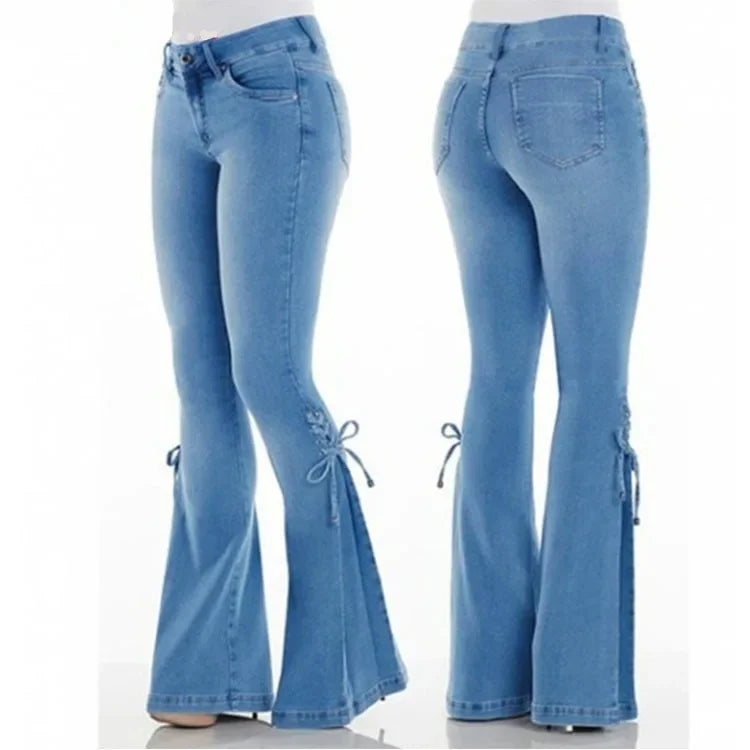 Flare Pants for Women Vintage Jeans Lace Up Stretch Mid Waist Skinny Distressed Washed 2025 Streetwear Female Denims Trousers