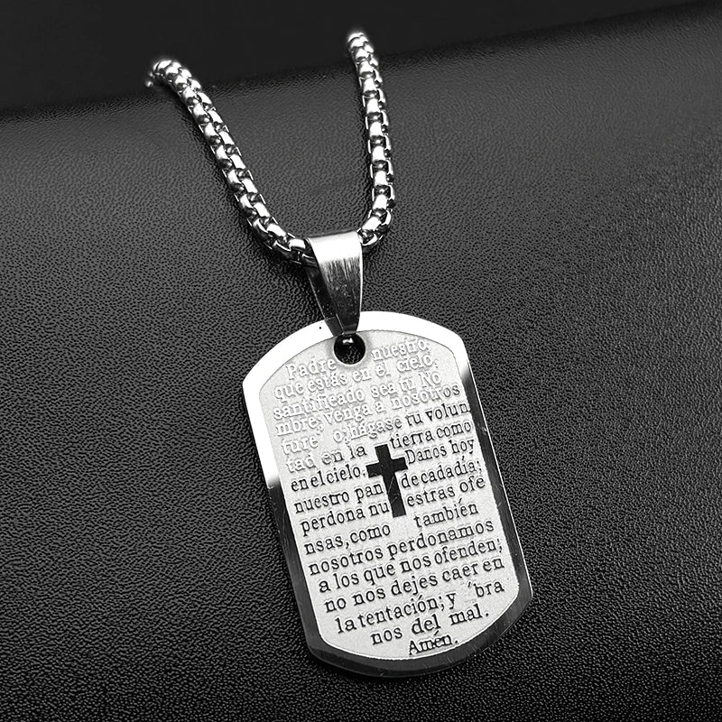 Christian The Lord's Prayer Cross Bible Spainsh Verse Dog Tag Necklace for Women Men Stainless Steel Jesus Chain Jewelry Gift