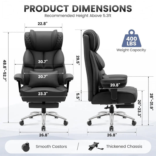 Office Desk Chair, Big and Tall Leather Gaming Chair with Footrest, Wide Ergonomic Comfy Executive High-Back, Customized