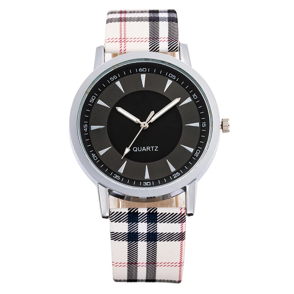 New Fashion Women Watch Simple Vintage Plaid Leather Strap Quartz Wristwatches Dress Casual Ladies Watch Clcok Relogio Feminino