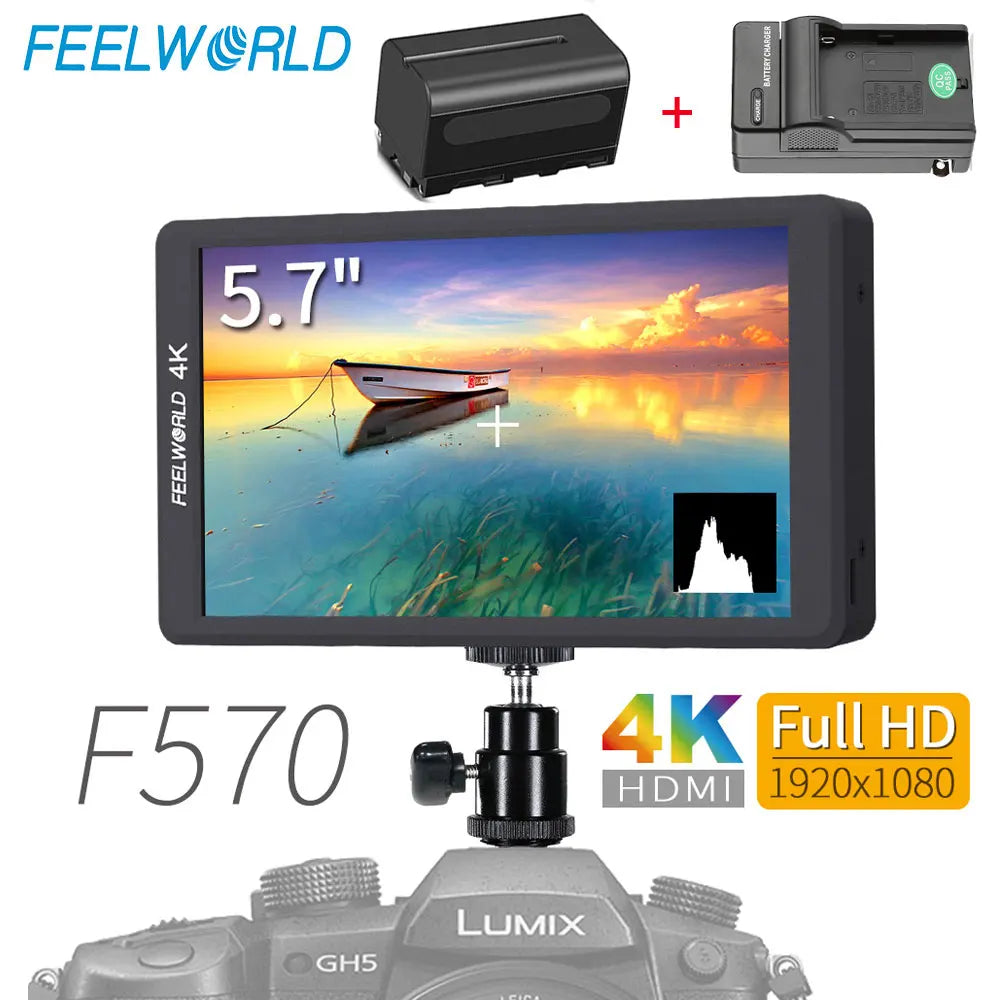Feelworld F570 5.7" IPS 4K Full HD 1920x1080 HDMI On-camera Field Monitor with NP750 Battery + Charger for Canon Nikon Sony DSLR