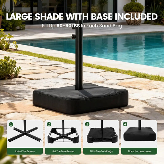 10ft Solar LED Patio Umbrella with Base, 32 LED Lighted Outdoor Offset Cantilever Umbrella with Sturdy 8 Rids, Customized