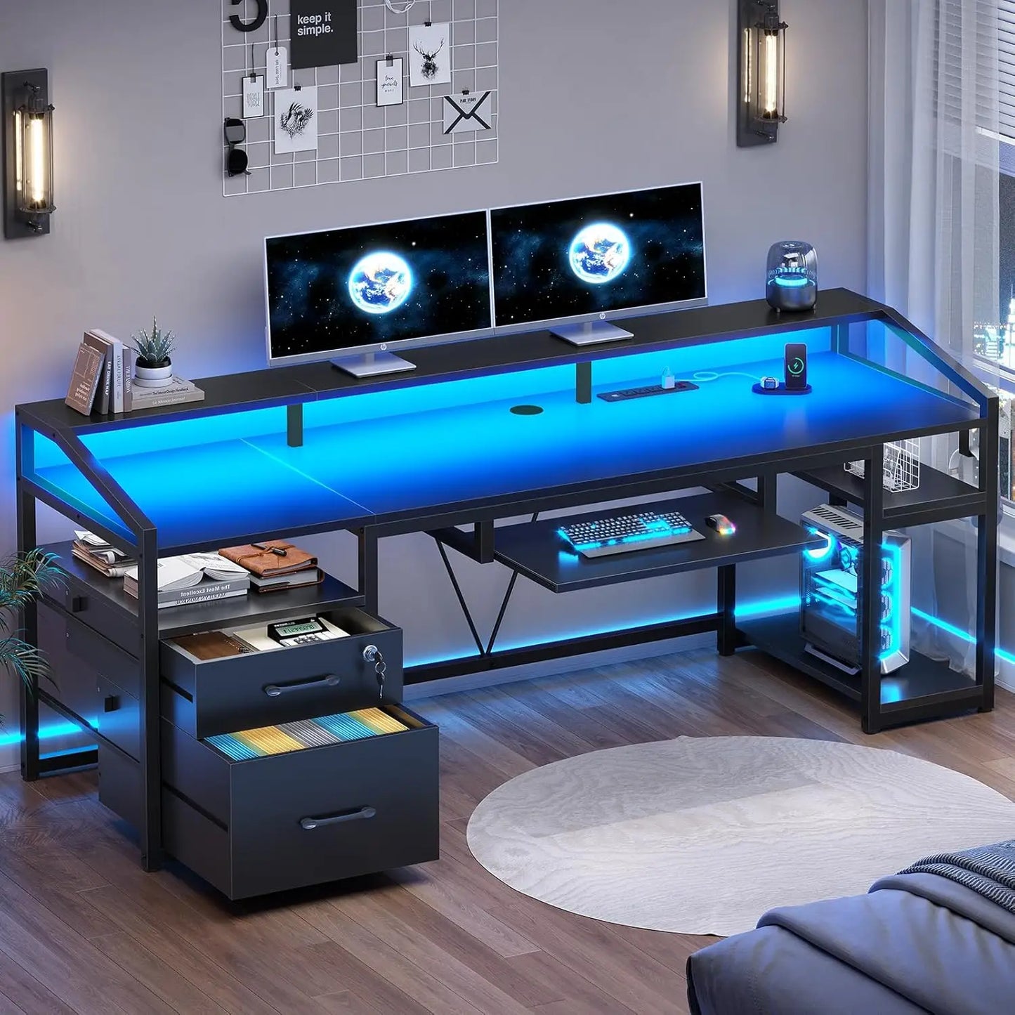 63" Computer Desk, Office Desk with Lock Drawers for Legal/Letter File, Gaming Desk with LED Light & Power Outlet,, Customized