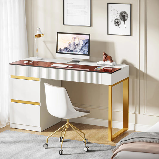 Tribesigns Computer Desk with 4 Drawers, 47 Inch Modern Home Office Desk with Glass Top, White and Gold Writing Workstation Desk