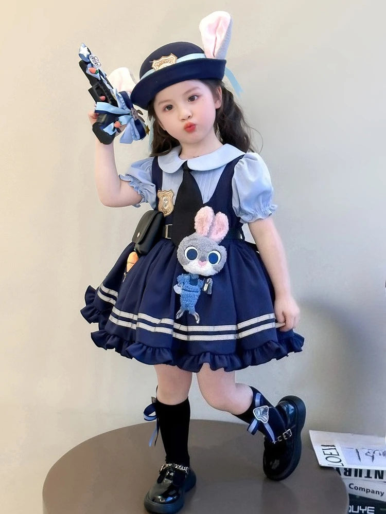 Girl Cosplay Judy Hopps Police Officer Dress Ear Sheriff Hat Bunny Costume Kids Dress Up Halloween Rabbit Disguise Dress Outfits