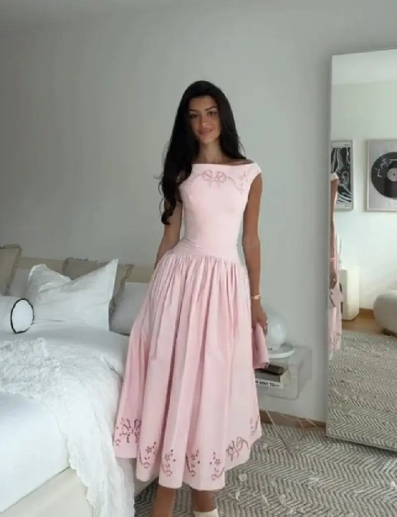 Minimalist White Boat Neck Midi Dress Women Elegant Cap Sleeve A-line Flare Eyelet Embroidery Vestido Wedding Formal Party Gown