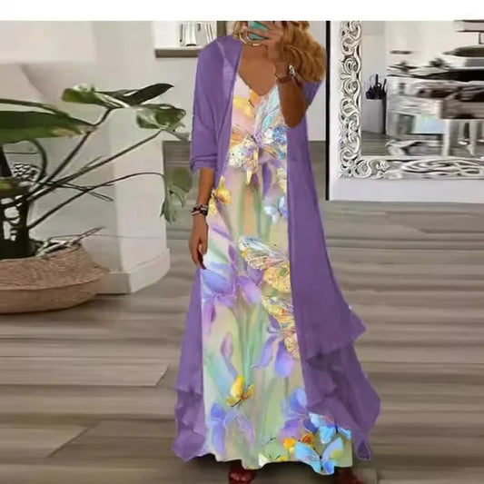 New 2025 Women's Floral Print Dress Two-Piece Set Inner Wear Polyester Fiber Short Sleeve Ankle-Length Regular Waistline