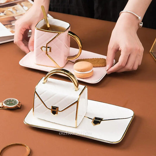 Handbag-Shaped Creative Mug With Saucer & Spoon Nordic Ceramic Milk Tea Office Cups Drinkware Coffee Cup Sets Gift