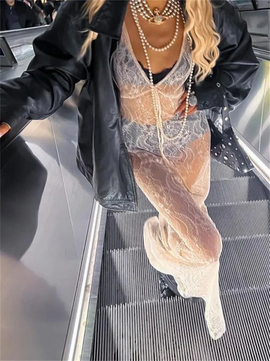 y2k Clothing Women's Sexy See-Through Lace Floral Sheer Tank Dress Summer Sleeveless V Neck Cover-up Long Dress Streetwear