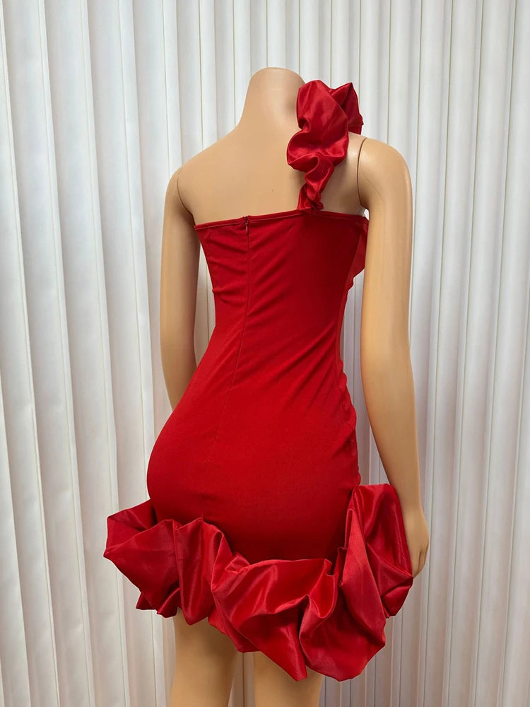 Womens Red Evening Dress Sexy One Shoulder Party Wear Strapless Red Dress Skinny Summer Ruffle Hem Dress Wholesale Dropshipping