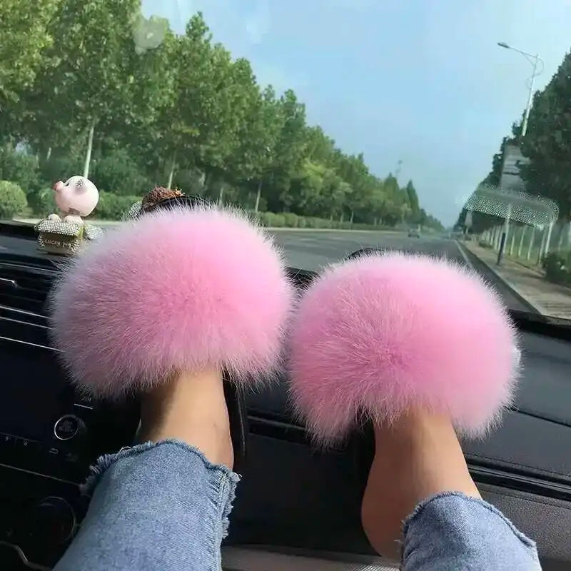 Fur Slippers Women Summer Fluffy Plush Casual Fluffy Flat Non-Slip Real Fox Fur Slides Outdoor Flat Ladies Sandals Flip Flops