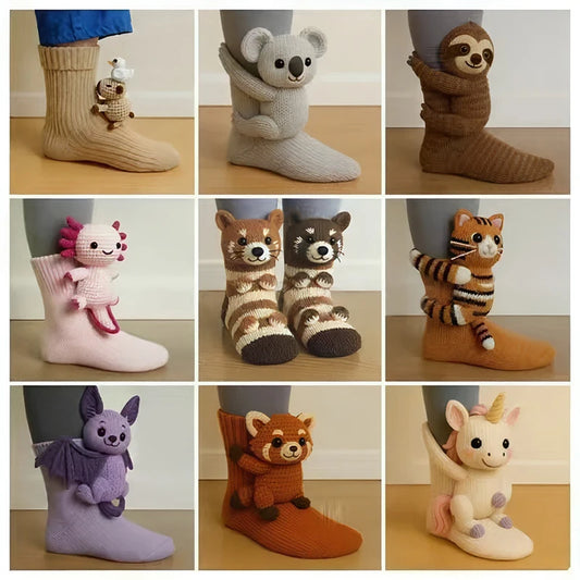 3D Knit Animal Socks Cute Floor Socks Hand Crocheted Double Layer Warm Sock with Cute Rabbit Panda Animals Christmas Gifts