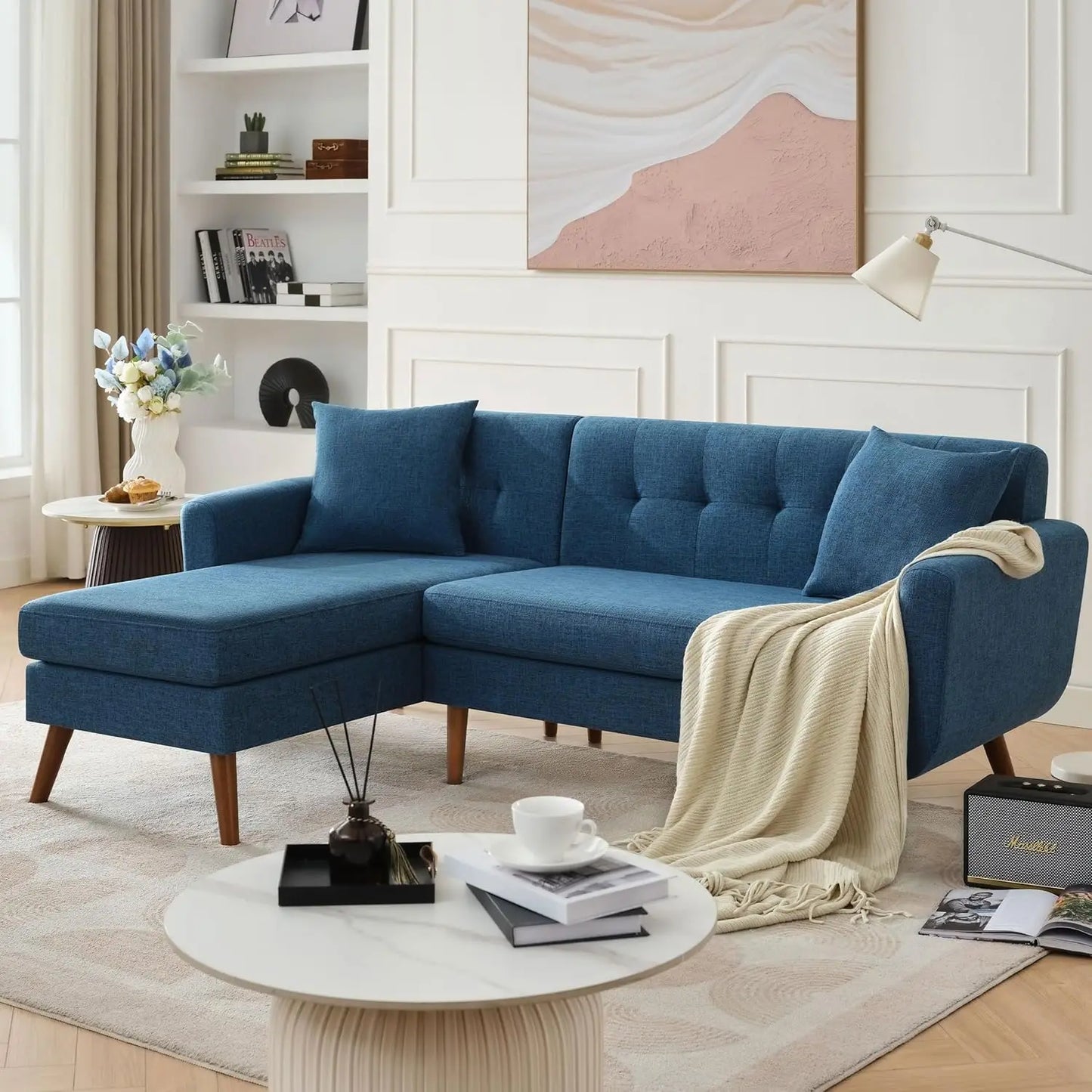L Shaped Couch Sofa, 80" W Mid-Century Modern Sectional Couches, 3 Seater Sofas with Wide Chaise Lounge, Button, Customized