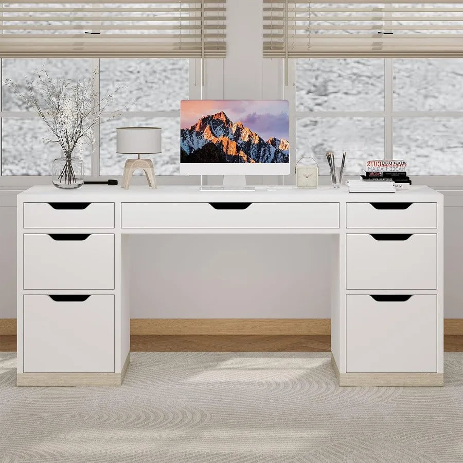White 54 Inch Executive Desk with 7 Drawers and Cabinet for Bedroom Home Office Small Spaces Modern Writing and Study Desk