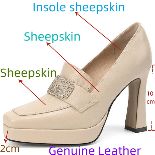 【JOCHEBED HU】Brand Genuine Leather Platform Shoes for Ladies Square Toes Women's Sewing Lines High Heels Leather
