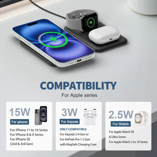 15W Magnetic 3 in 1 Wireless Charger Station Foldable Fast Charging Type-C For iPhone 17 16 15 14 Xiaomi SAMSUNG iWatch AirPods