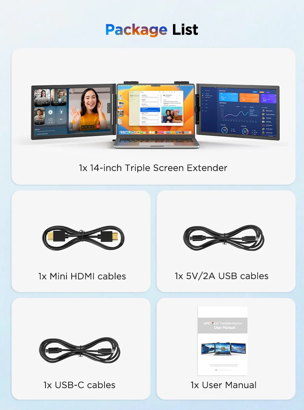 UPERFECT UFree Z14 Pro Wireless Triple Portable Monitor 14" Laptop Screen Extender with Stand /Sleeve Support AirPlay Miracast