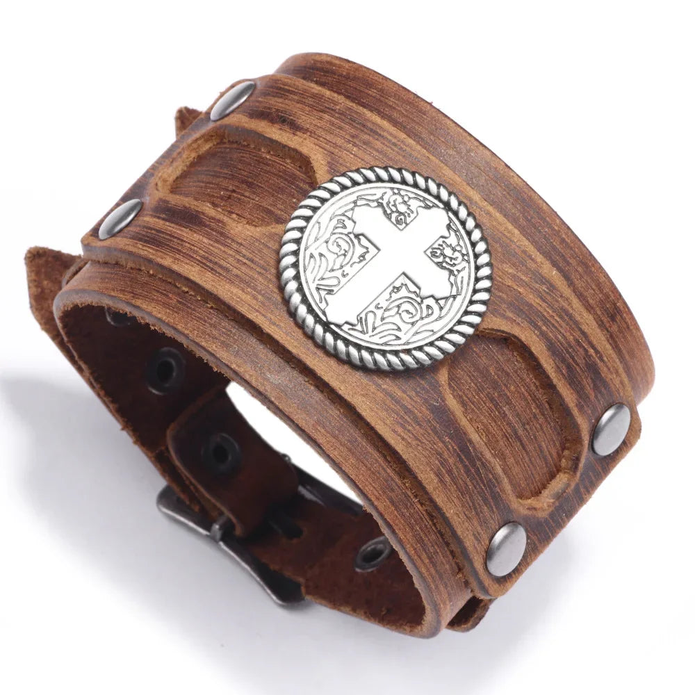 Kirykle Fashion Cross Stud Spikes Rivet Bracelet for Man Adjustable Leather Wristband Bangle Cuff Wide Cuff Punk Jewelry Gift