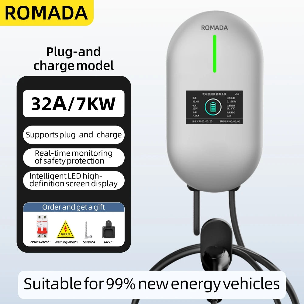 ROMADA EV Charging Station 32A Electric Vehicle Car Charger EVSE Wallbox Wallmount 7KW Type2 Cable IEC62196 Bluetoo APP Control