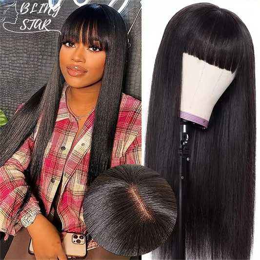 Bone Straight Human Hair Wig With Bangs Fringe Brazilian 3x1 HD Lace Frontal Wigs For Black Women 220% Density 34Inch