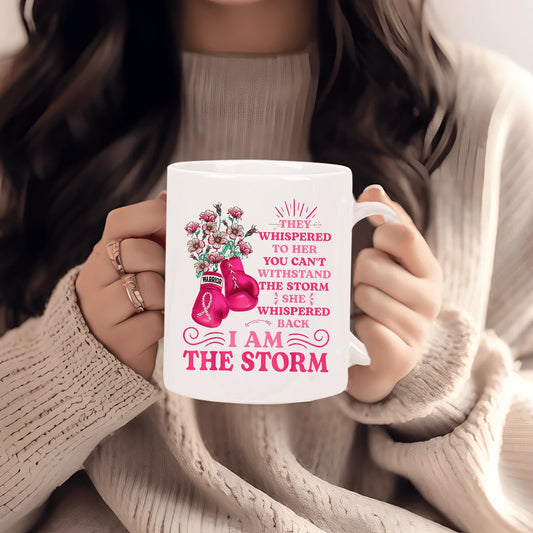 1pc 11oz "I Am The Storm" Breast Cancer Awareness Ceramic Coffee Mug - Insulated, Empowering Quote & Boxing Gloves Design, White
