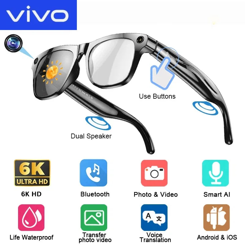 VIVO 6K HD AI Smart Glasses Photochromic Multifunction Bluetooth Calling Voice Assistant Music Player Translate Camera 2026 HOT