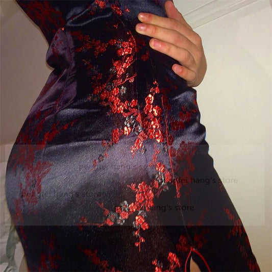 Chinese Style Women Dragon Phenix Qipao Classic Red Satin Cheongsam Plus Size Short Sleeve Mini Dress Vestidos 3XL 4XL 5XL 6XL