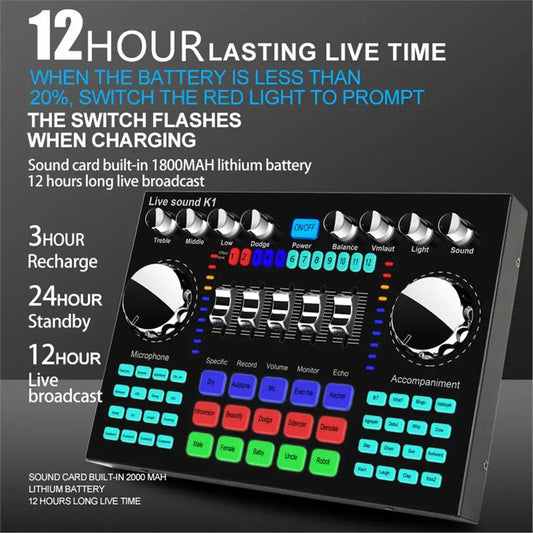 * K1 Live Sound Card Voice Changer Karaoke Audio Mixer for Broadcast Recording KTV Music Audio Multifunctional Live Sound Card