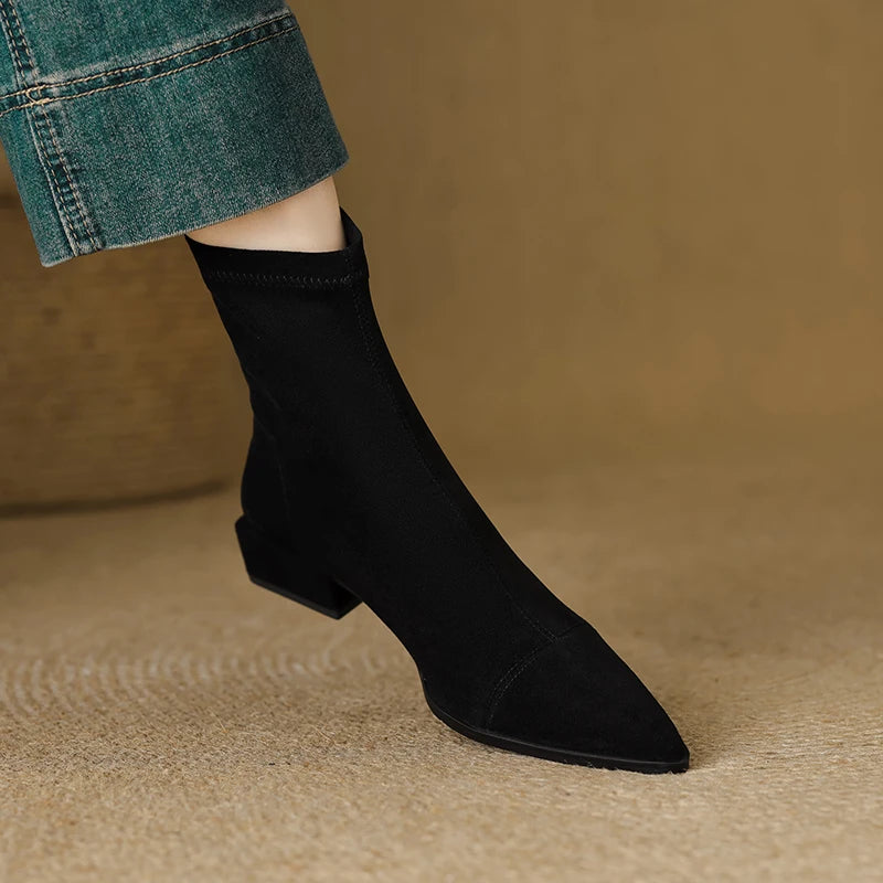 Autumn Vintage Suede Women Ankle Boots Ladies Concise Pointed Toe Thick Heel Short Botas Zapatos De Mujer