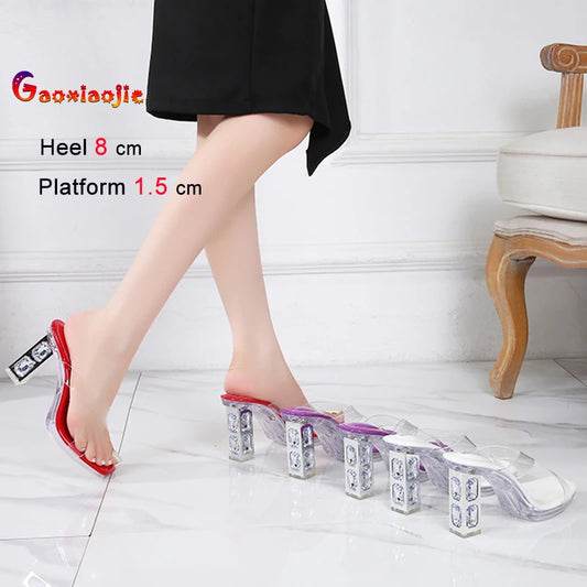 2025 Red High Heels 8cm Women Shoes Rhinestone Thick Heels Square Toe Ladies Pumps Cross Tie Straps Slippers Sandals Party Shoes