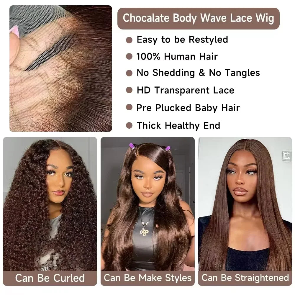 Chocolate Brown 13x4 Lace Front Wig Brazilian Pre Plucked 13x4 HD Lace Frontal Wigs Dark Brown Body Wave Human Hair Closure Wigs