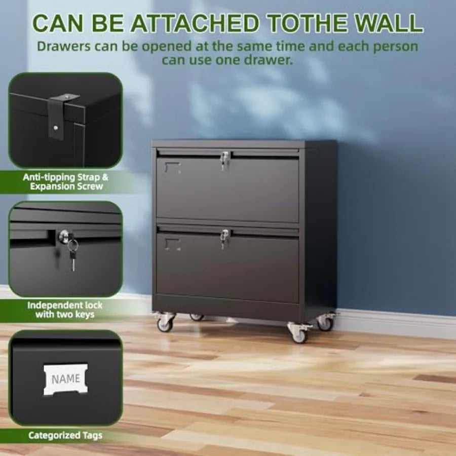 2 Drawer Lateral File Cabinet with Wheels Lockable Metal Filing Cabinet for Home Office Legal/Letter Size Black Required Assemb