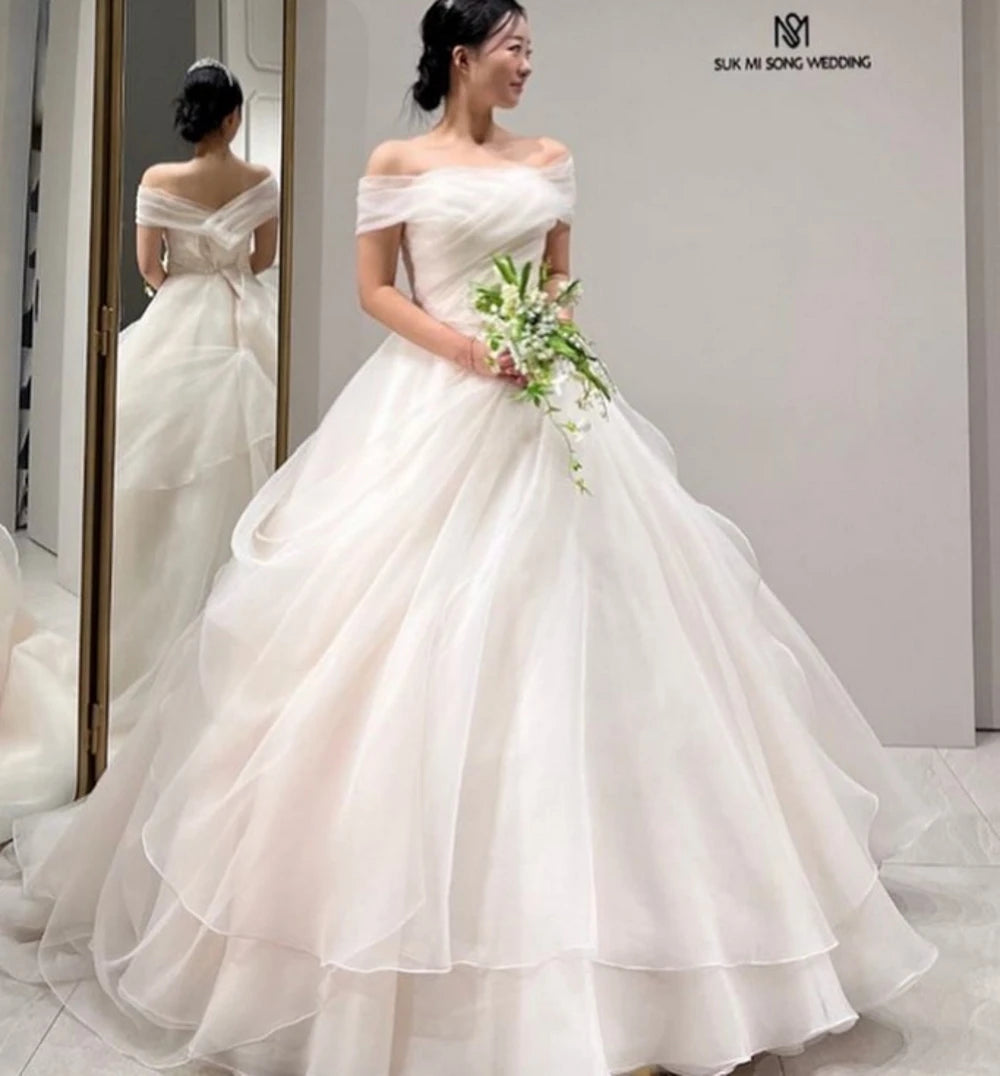SONDR Off Shoulder Organza Customized Tiered Elegant Wedding Dresses Ivory Korea Simple Brides Gowns Women Bridal Dresses