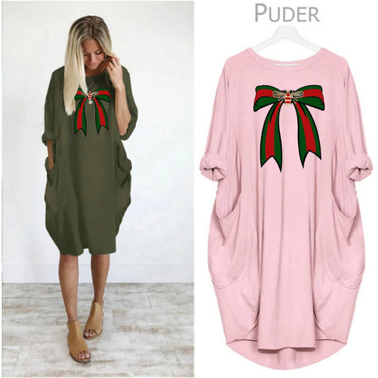 Ladies' summer loose bee bow pattern printed round neck short sleeved pocket comfortable casual plus size dress
