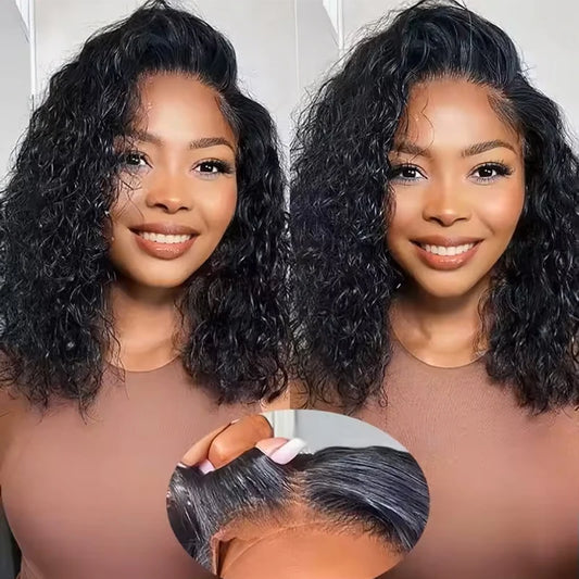 16Inch Wear And Go Glueless Bob Wig Human Hair Short Curly Deep Wave Lace Front Wigs Pre Cut Brazilian Hair 4x4 5X5 HD Lace Closure Wig 220% Density Pre-Plucked No Lace Front Closure Ready to Wear Natural Human Hair Lace Fro