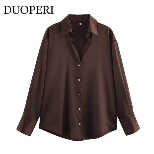 DUOPERI Women Fashion Satin Brown Blouse Lapel Neck Long Sleeves Vintage Female Chic Lady Shirts
