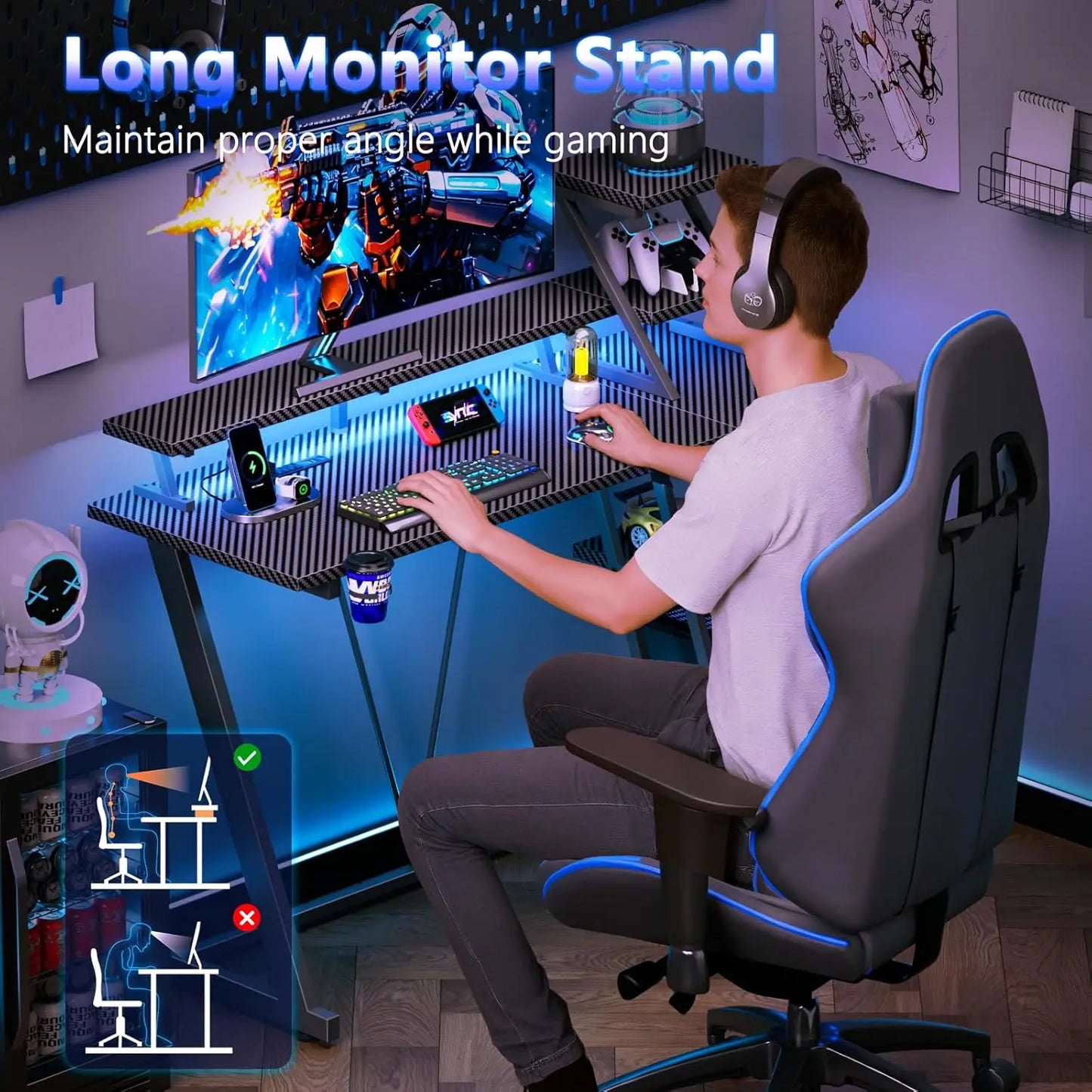 39 Inch Gaming Desk with LED Lights & Power Outlet, Small Gaming Computer Desk with Storage Shelves, L Shaped Gamer, Customized