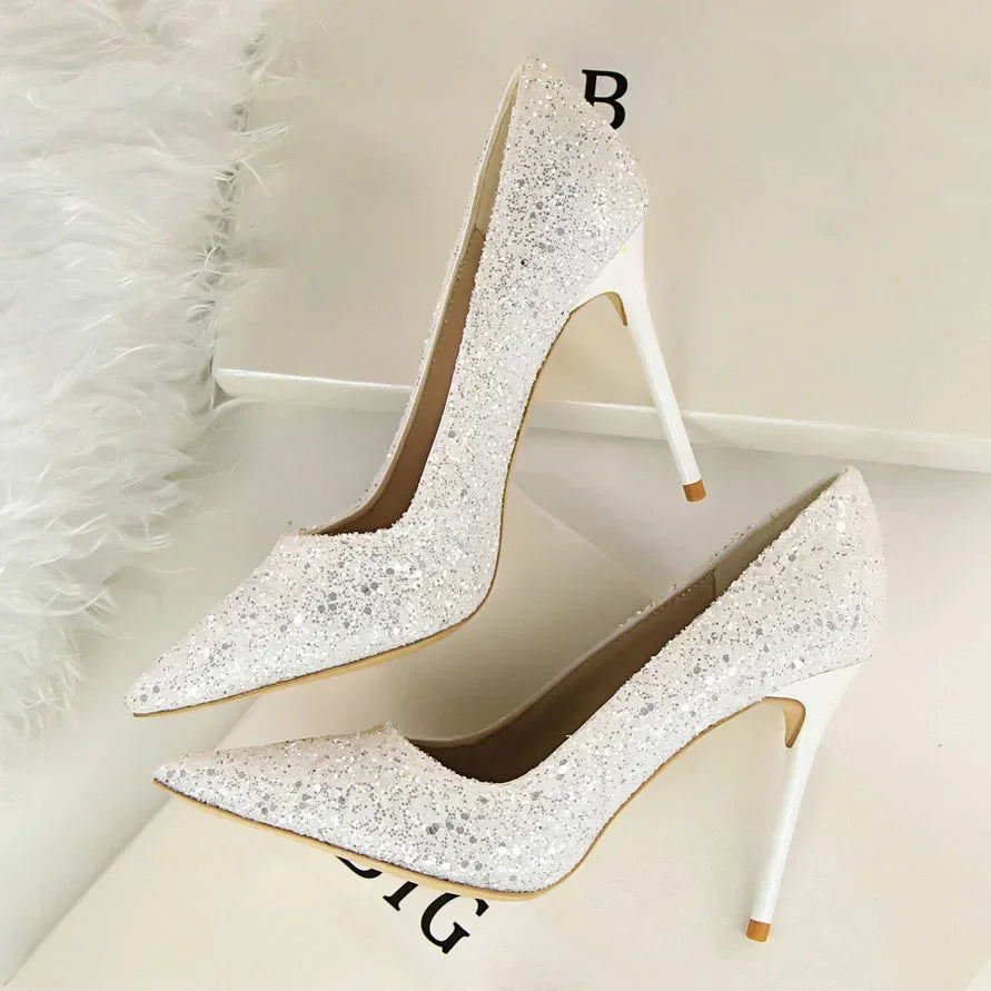 Women Luxury Bling Red Blue Valentine Party Scarpins Pumps Lady Glitter Sequins 7cm 9.5cm High Heels Designer Shoes Plus Size