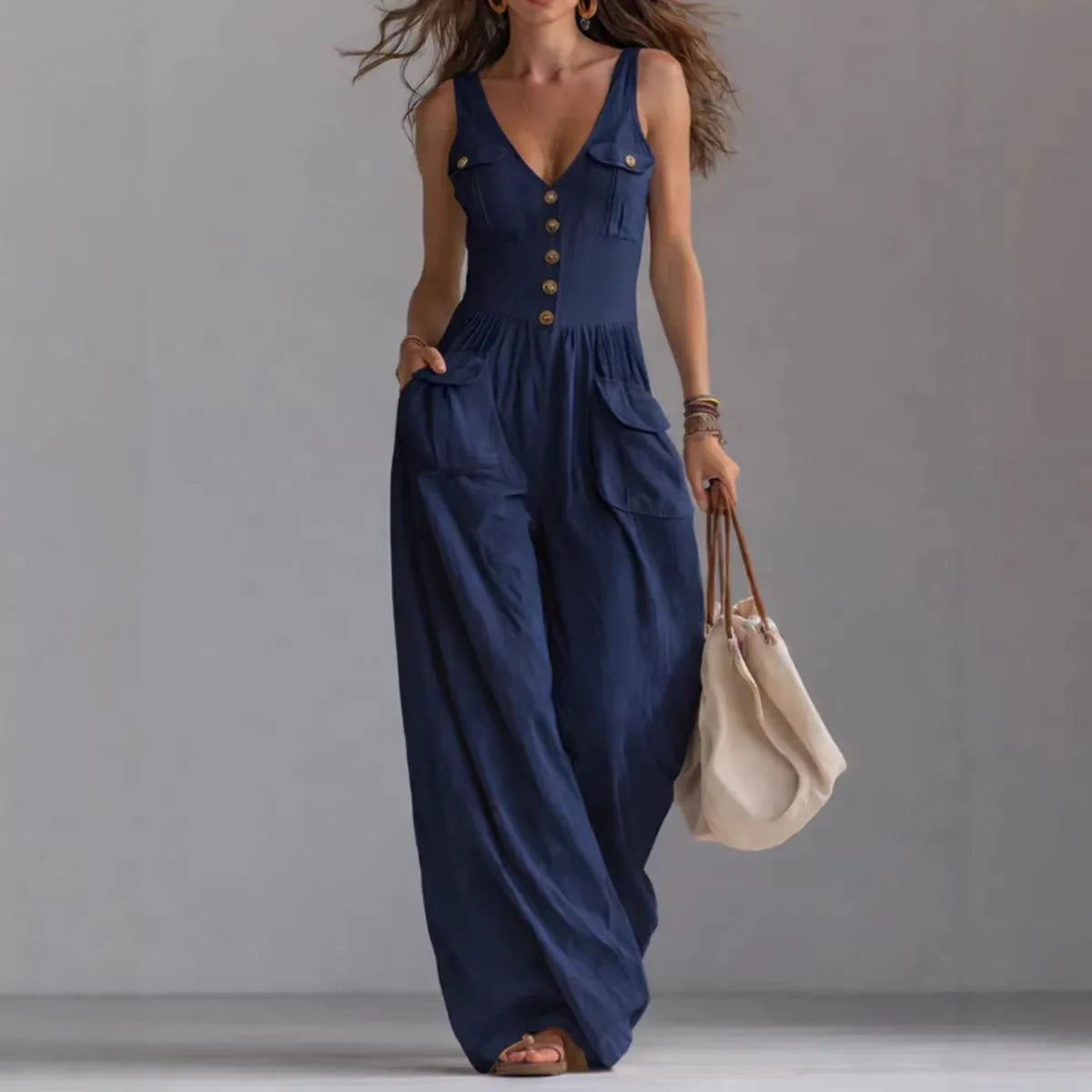 Casual New Solid Women's Jumpsuit Fashion Sexy V Neck Button Front Boho Rompers Summer Sleeveless Pocket Wide Leg Overalls