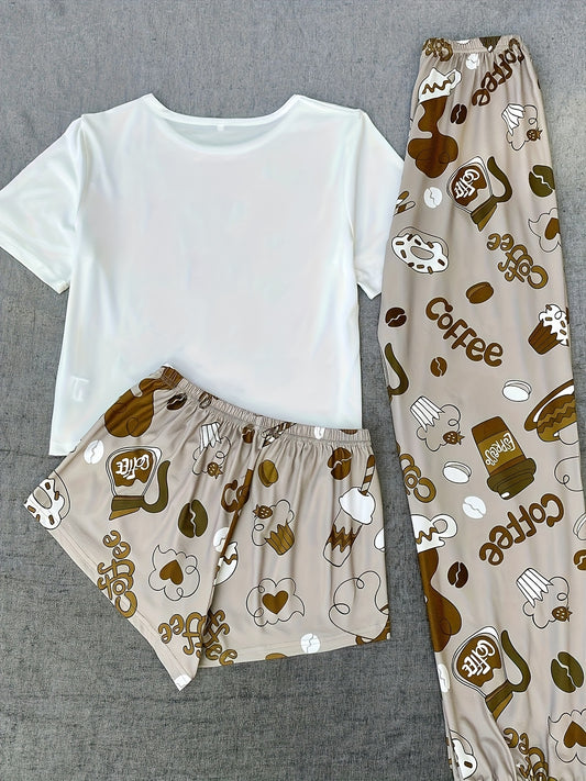 Women's Pajama Set with Milk Tea Cartoon Print, Polyester, Suitable for All Seasons, Casual Round Neck Comfortable Home Wear