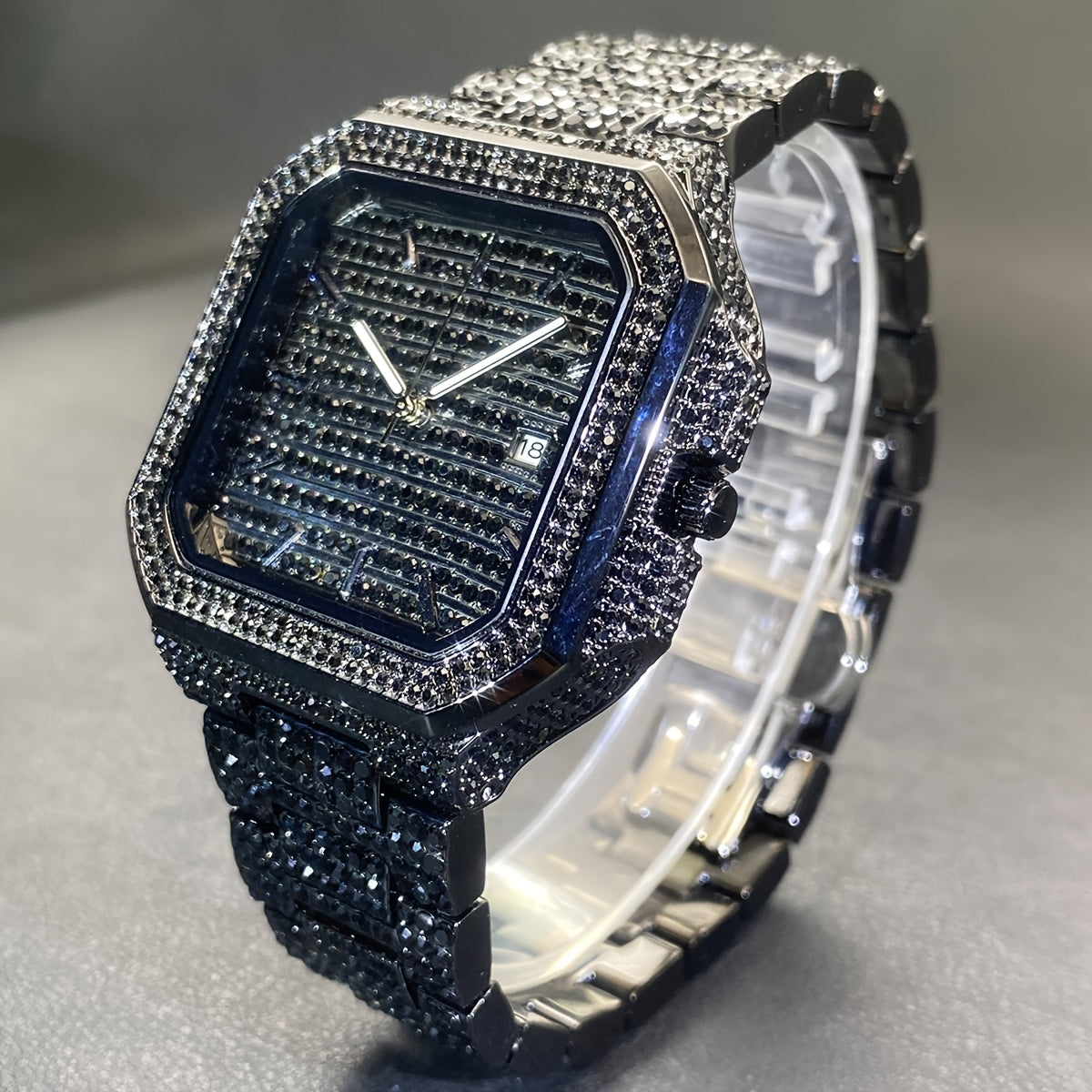 MISSFOX Men'S Luxury Rhinestones-Encrusted Golden-Tone Square Watch with Date Calendar, High Quality IP65, Quartz Movement, Sparkling Bezel & -Accented Dial - Elegant Analog Watch for Casual & Formal Wear, Party Accessory, Ba