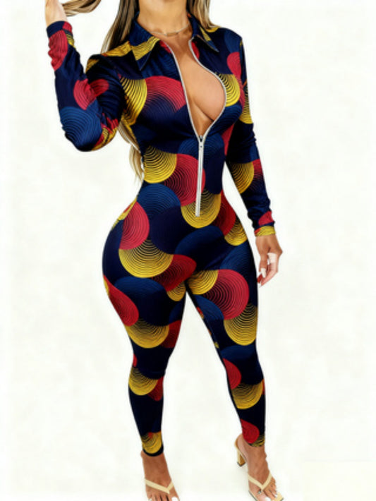 Women'S Christmas 2D Printed Jumpsuit | Long Sleeve with Zipper, Casual Style, Must-Have Holiday Gift, Versatile for Spring/Summer/Fall