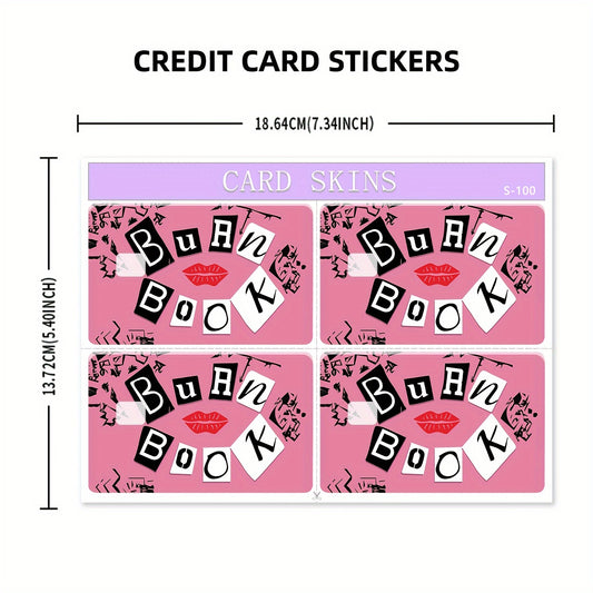 4-Pack Cute Color Block PVC Credit Card Skins - Pink & Design with "Burn Book" Text, Anti-Scratch & Waterproof Vinyl Stickers for Debit, Transit