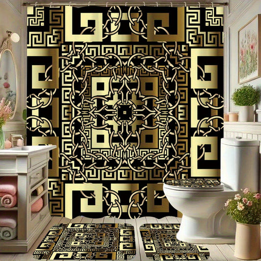 4pcs Set Black Golden Square Chain Pattern Shower Curtain, High Quality with 12 Plastic Hooks, Bathroom Non-slip Mat, Toilet U-shaped Mat, Modern Home Decor Bathroom Accessories